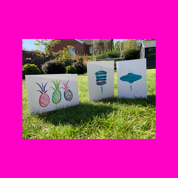 Quirky brilliant pack of 3 Asian cards, Pineapple blue and pink lantern