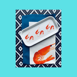 Traymendous prawn tray with prawn with blue tea towel