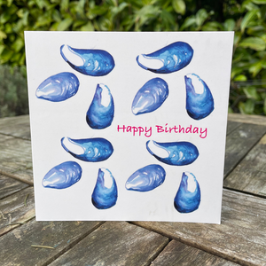 Quirky brilliant Mussel Happy Birthday greetings card