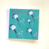 Quirky, brilliant Jellyfish on green Big Thank you greetings cards pack of 3