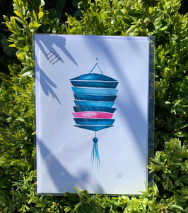 Brilliant, quirky slatted blue lantern card with pink stripe card