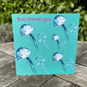 Quirky, brilliant Jellyfish on green Big Thank you greetings card