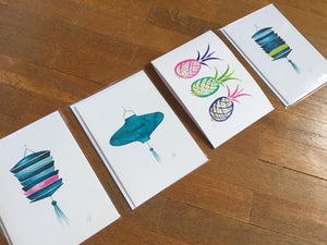 Quirky brilliant pack of 3 Asian cards, Pineapple blue and pink lantern