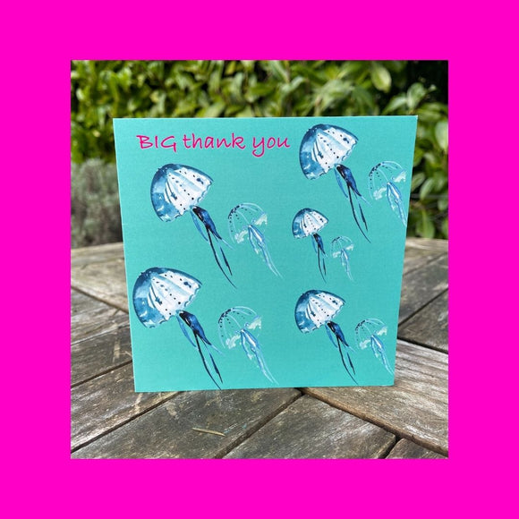 Quirky, brilliant Jellyfish on green Big Thank you greetings card