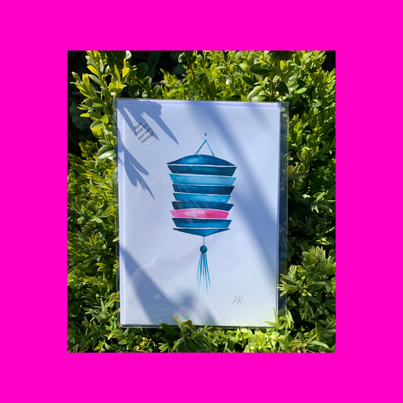 Brilliant, quirky slatted blue lantern card with pink stripe card
