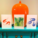 Pack of 3 quirky colourful 6 x 4 greetings cards. Mussel, Greenery and Prawn.
