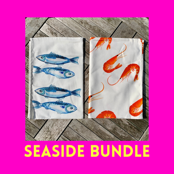 Quirky brilliant seaside bundle of tea towels, prawn and fish